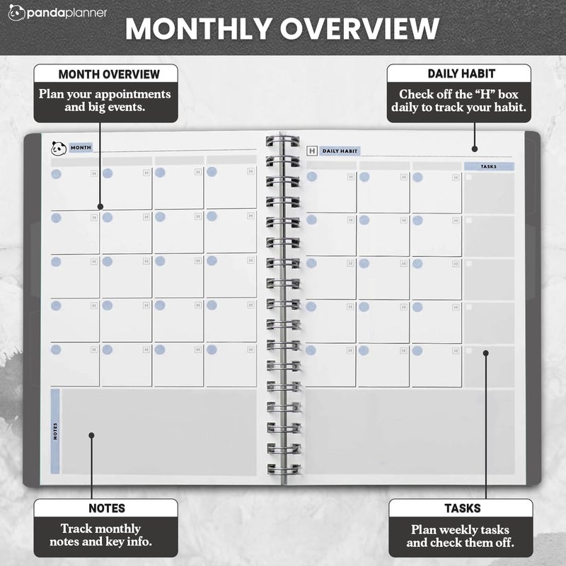 Panda Planner 2026 Undated Daily Planner 5.75" x 8.25" â€“ 90-Day Spiral Academic & Productivity Planner with Hourly Schedule, Habit Tracker, To-Do List & Monthly Calendar â€“ ADHD-Friendly Panda Journal (Gray) - Image 4